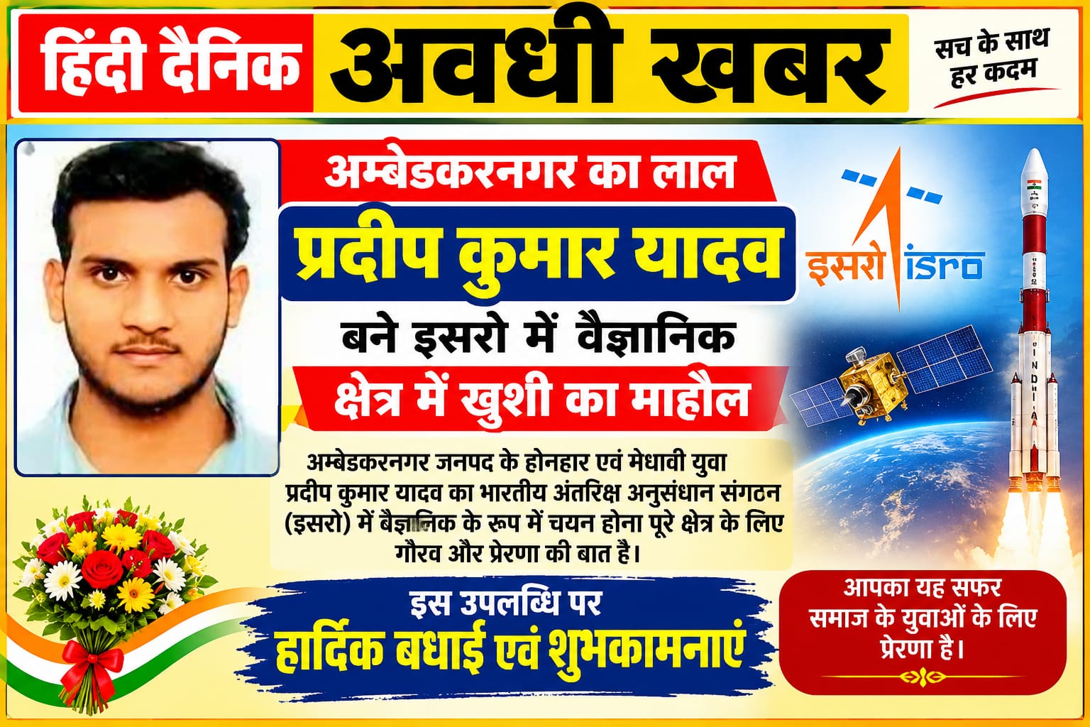 प्रदीप यादव का इसरो में वैज्ञानिक पद पर चयन, जिले का बढ़ाया मान